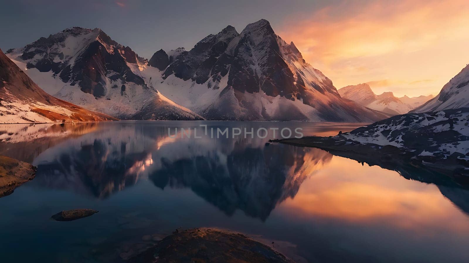 Beautiful lake on the foot of icy mountains range. Mountains and night sky reflection on the surface of water.