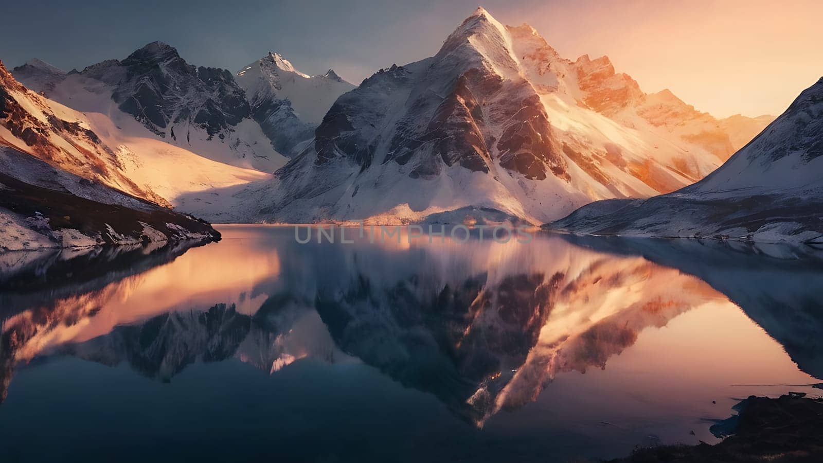 Beautiful lake on the foot of icy mountains range. Mountains and night sky reflection on the surface of water.