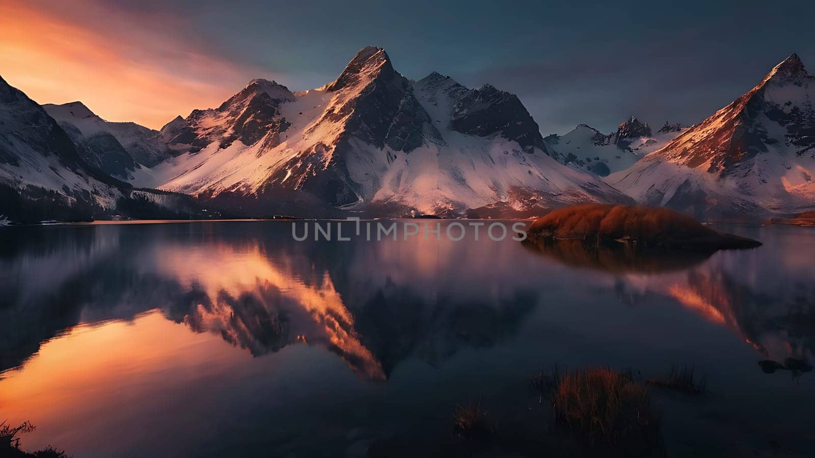 Beautiful lake on the foot of icy mountains range. Mountains and night sky reflection on the surface of water.