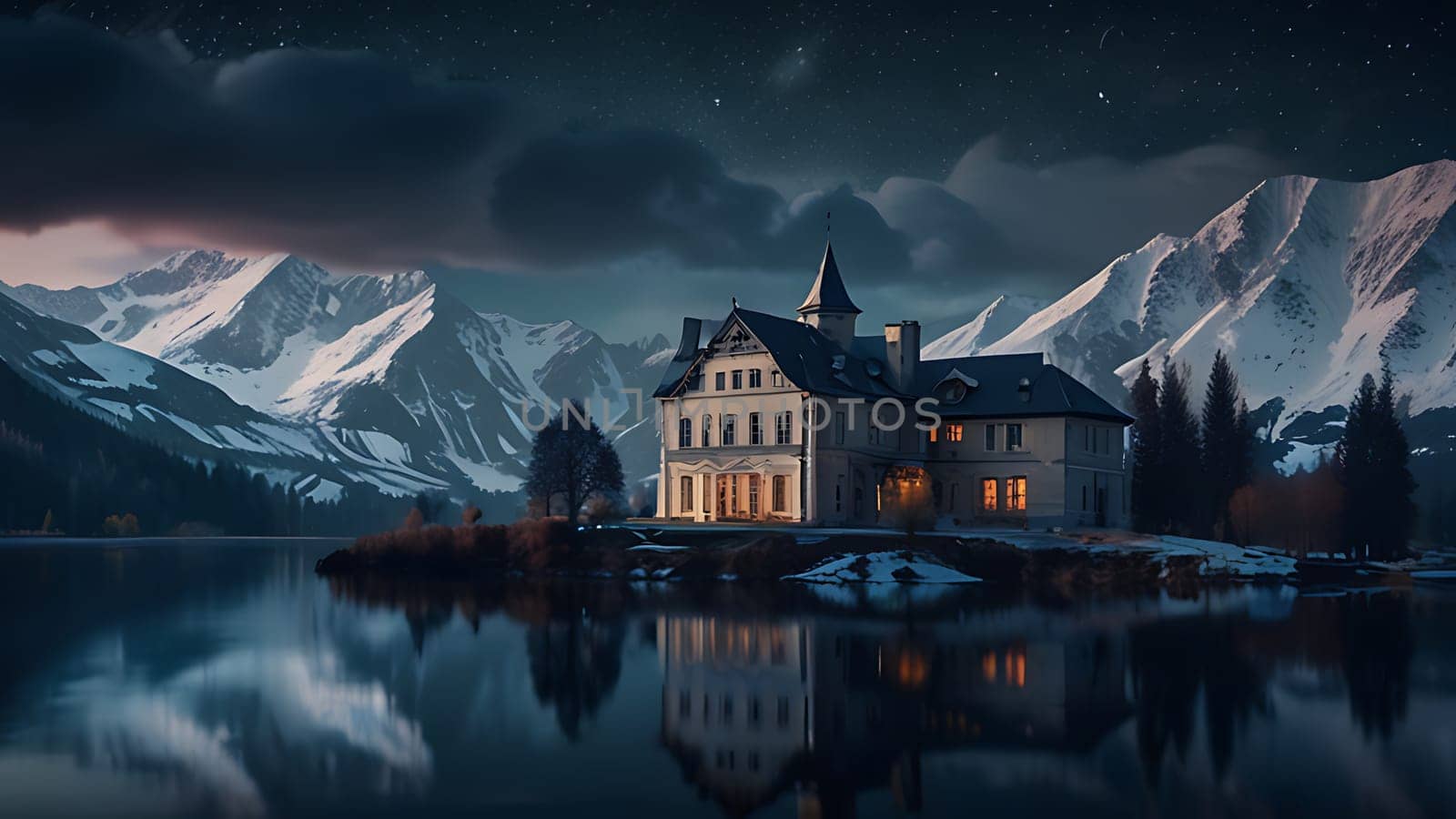 Wooden house on the side of beautiful lake and rocky mountain range. 