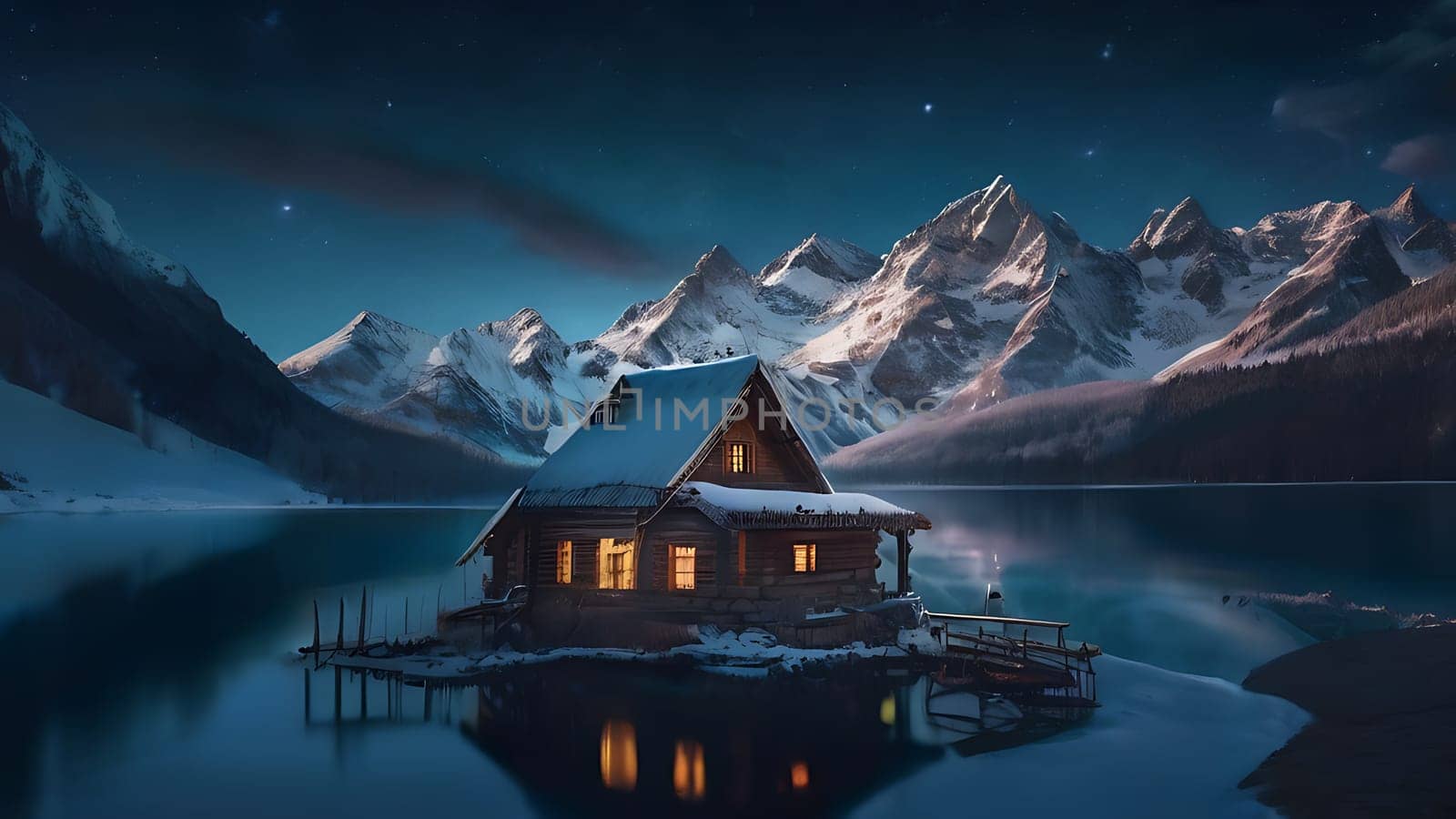 Wooden house on the side of beautiful lake and rocky mountain range. 