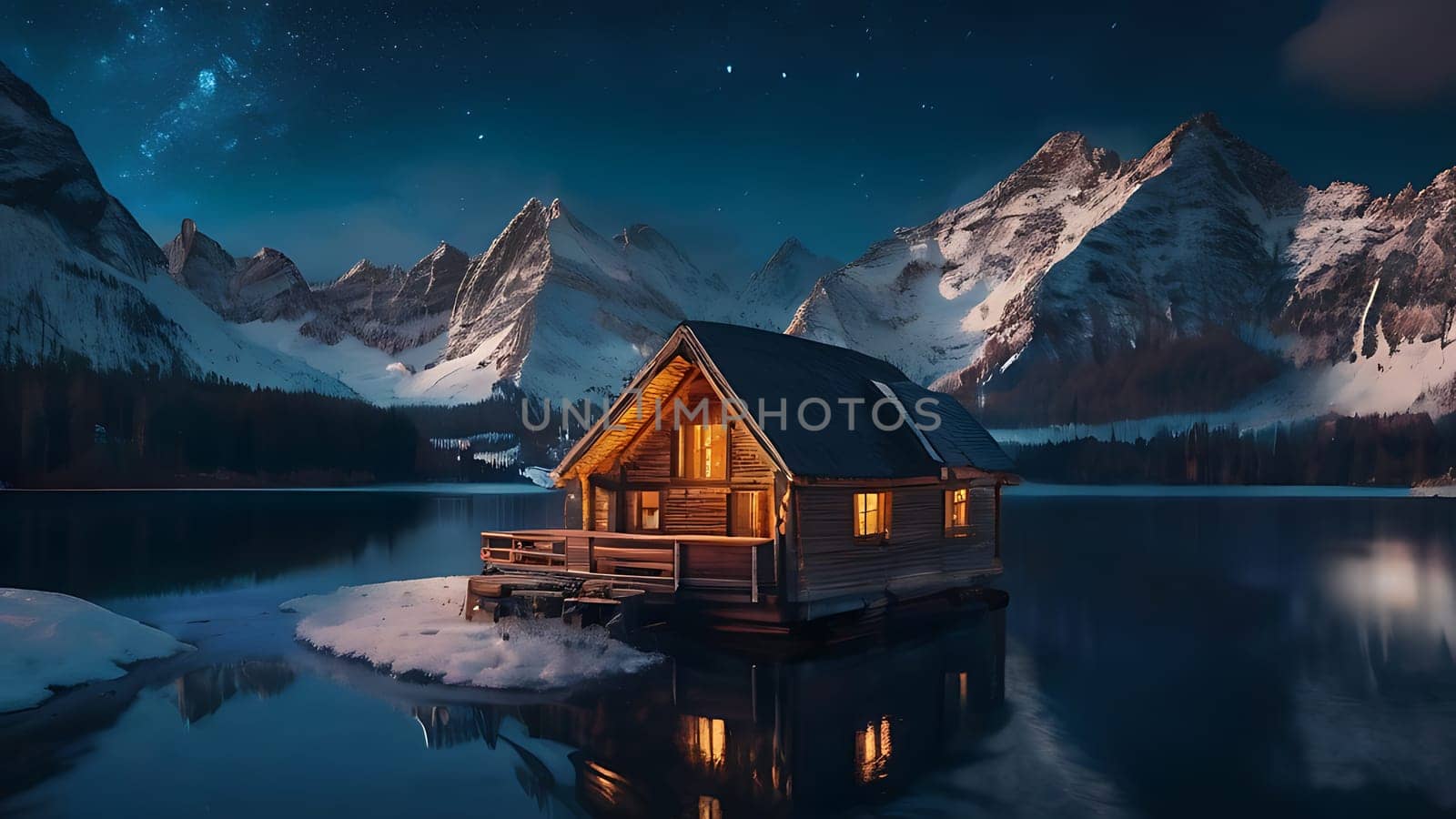 Wooden house on the side of beautiful lake and rocky mountain range. 