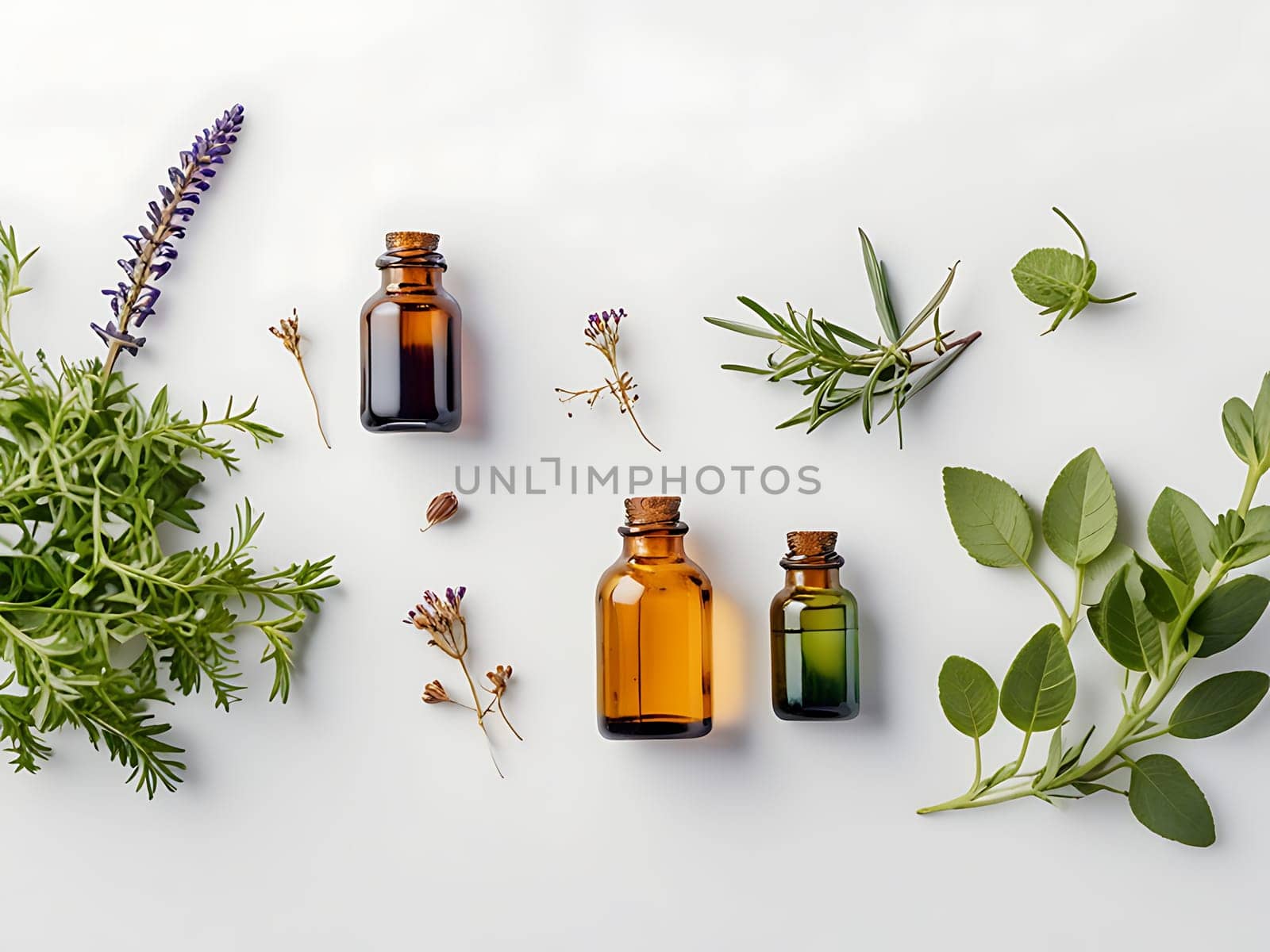 Aesthetic essential oil flatlay blank mockup on white background. Cosmetic container for advertising template.