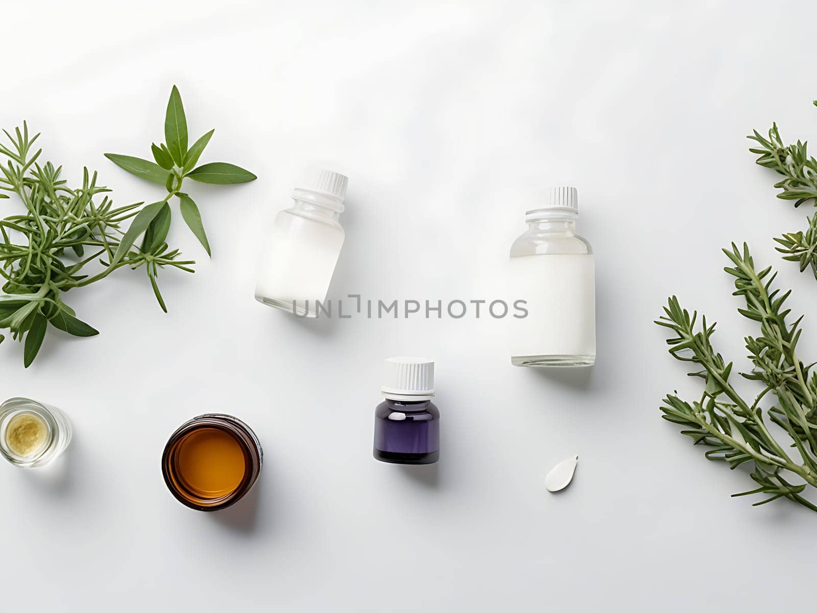 Aesthetic essential oil flatlay blank mockup on white background. Cosmetic container for advertising template.