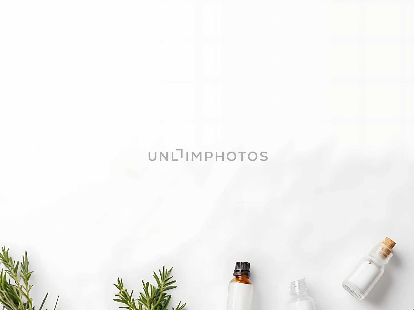 Aesthetic essential oil flatlay blank mockup on white background. Cosmetic container for advertising template.