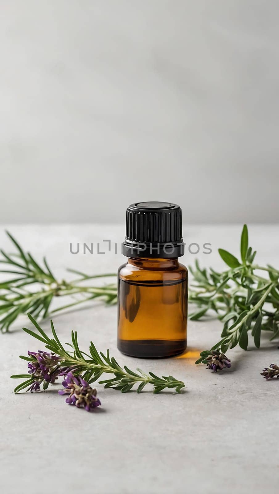 Aesthetic essential oil flatlay blank mockup on white background. Cosmetic container for advertising template.