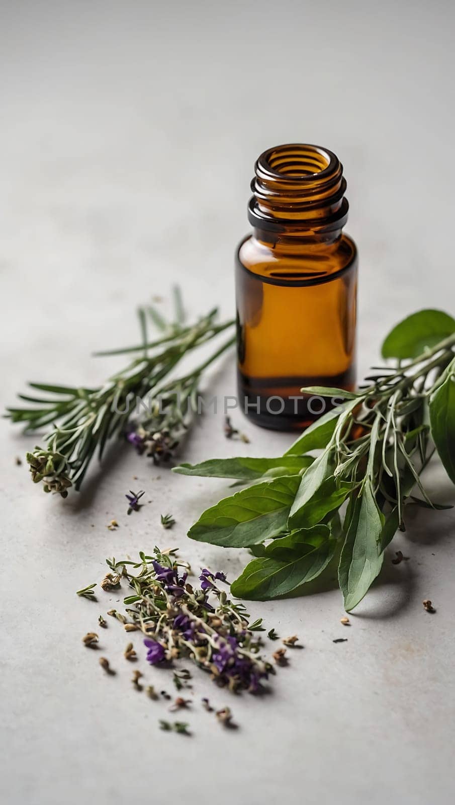 Aesthetic essential oil flatlay blank mockup on white background. Cosmetic container for advertising template.