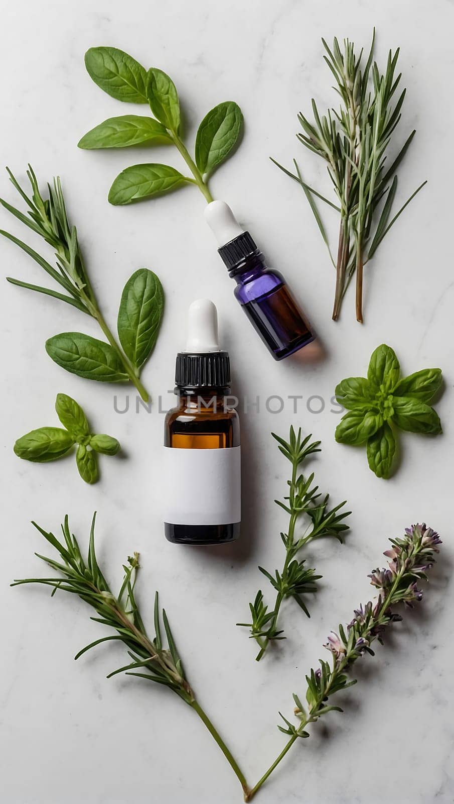 Aesthetic essential oil flatlay blank mockup on white background. Cosmetic container for advertising template.