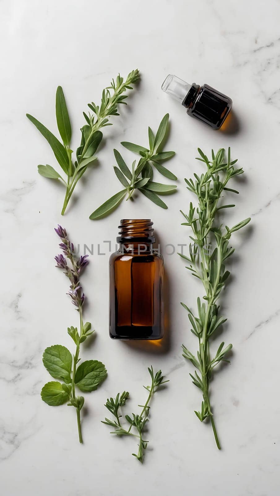 Aesthetic essential oil flatlay blank mockup on white background. Cosmetic container for advertising template.