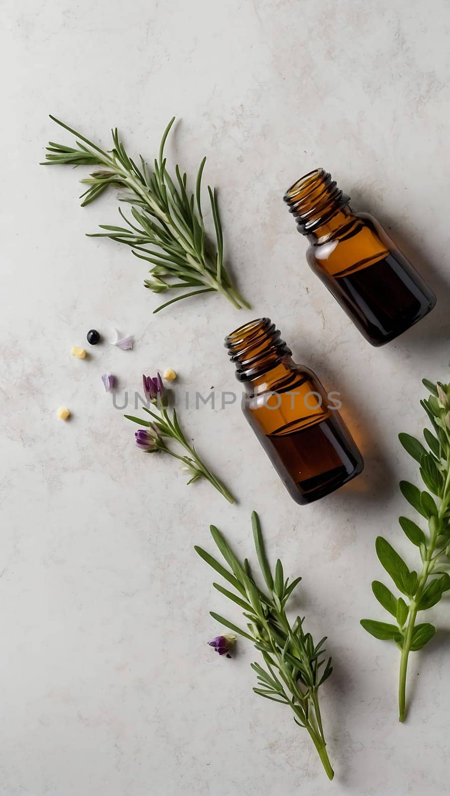 Aesthetic essential oil flatlay blank mockup on white background. Cosmetic container for advertising template.