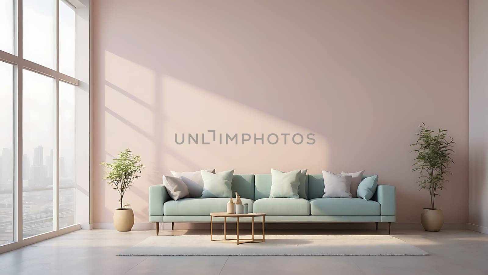 Aesthetic minimalist Scandinavian interior design with empty wall mockup in pastel color theme.