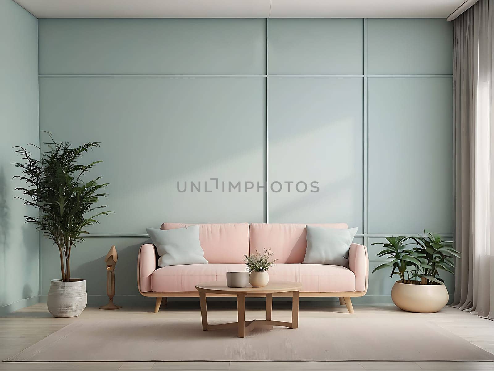 Aesthetic minimalist Scandinavian interior design with empty wall mockup in pastel color theme.