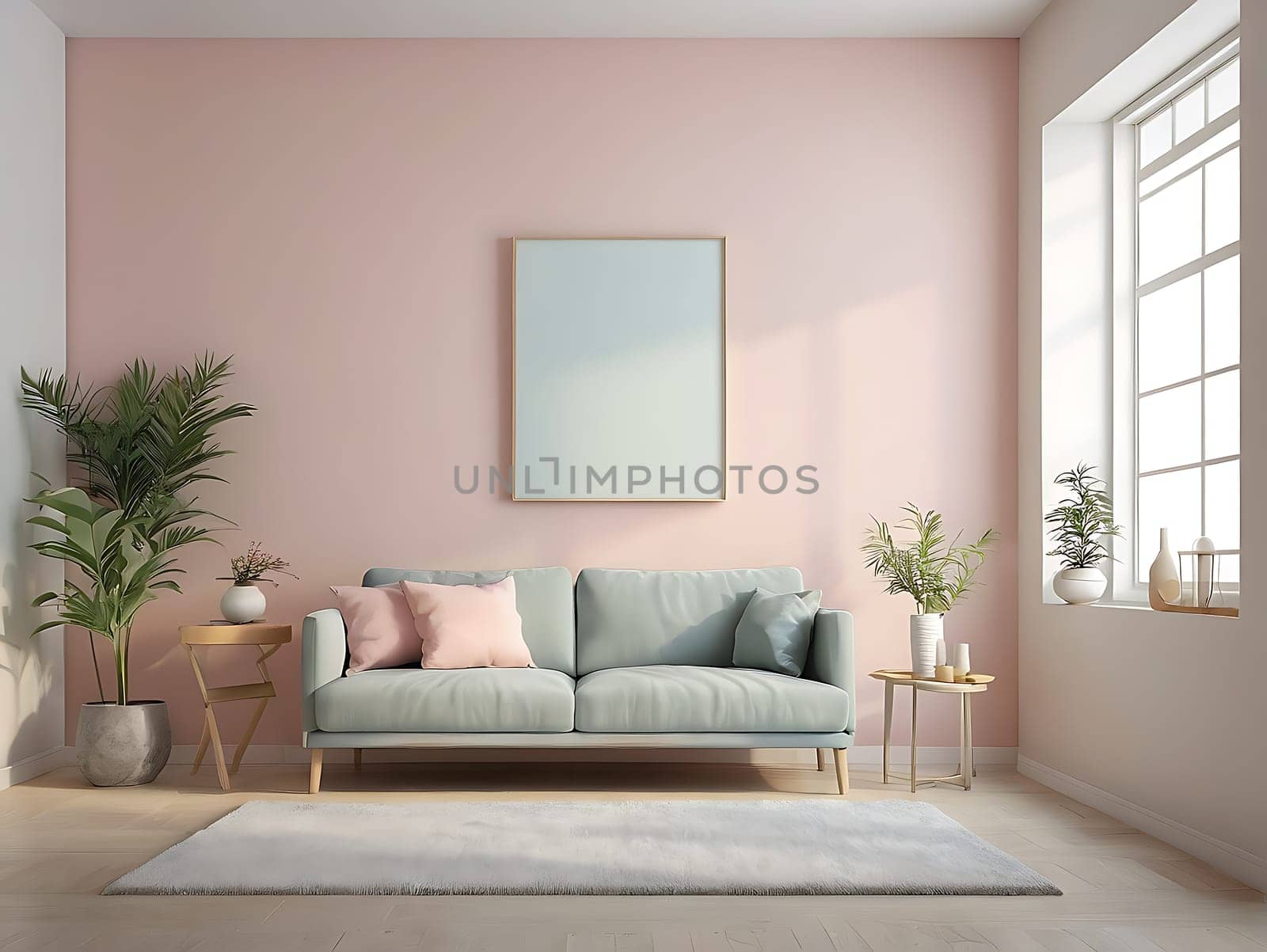 Aesthetic minimalist Scandinavian interior design with empty wall mockup in pastel color theme.