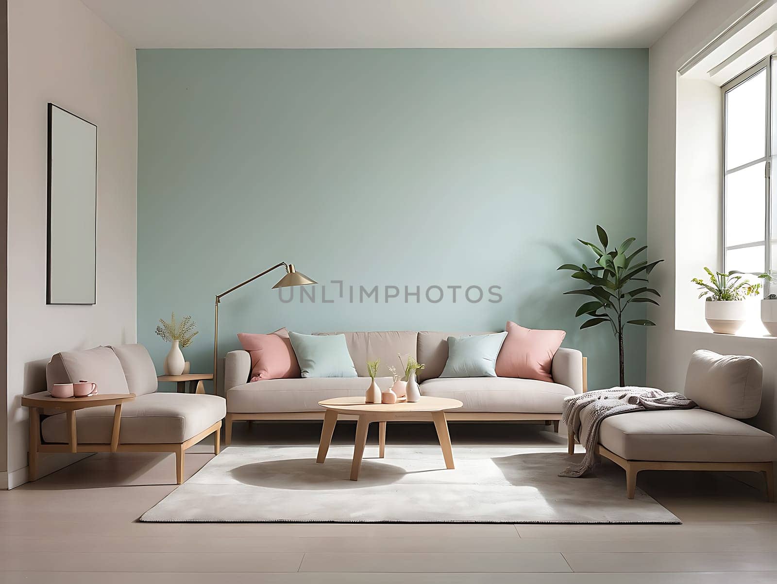 Aesthetic minimalist Scandinavian interior design with empty wall mockup in pastel color theme.