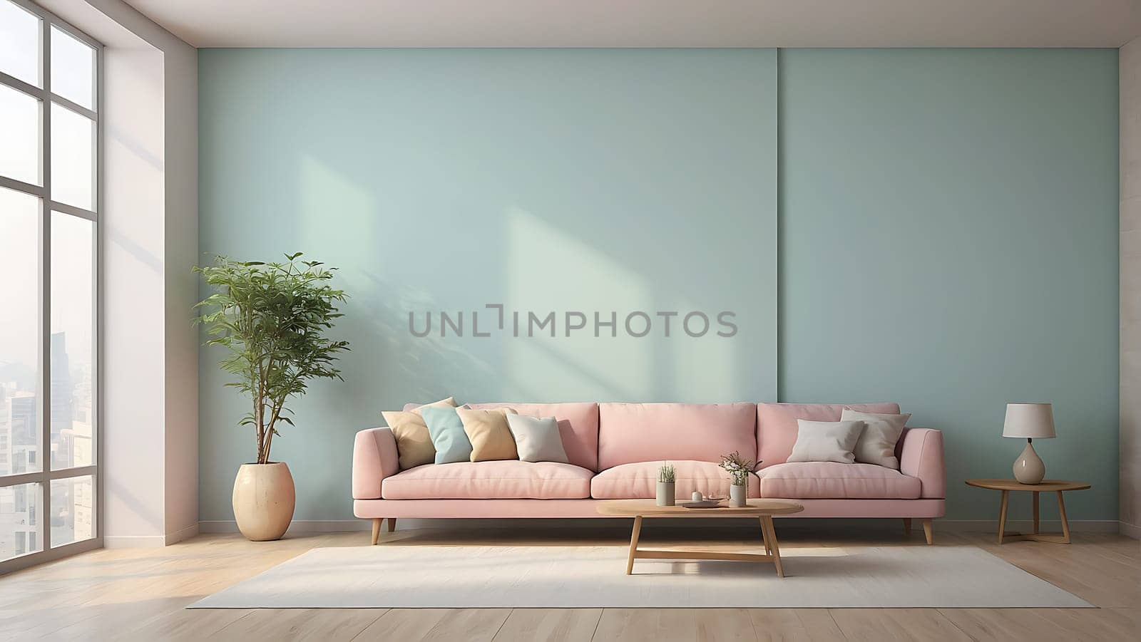 Aesthetic minimalist Scandinavian interior design with empty wall mockup in pastel color theme.