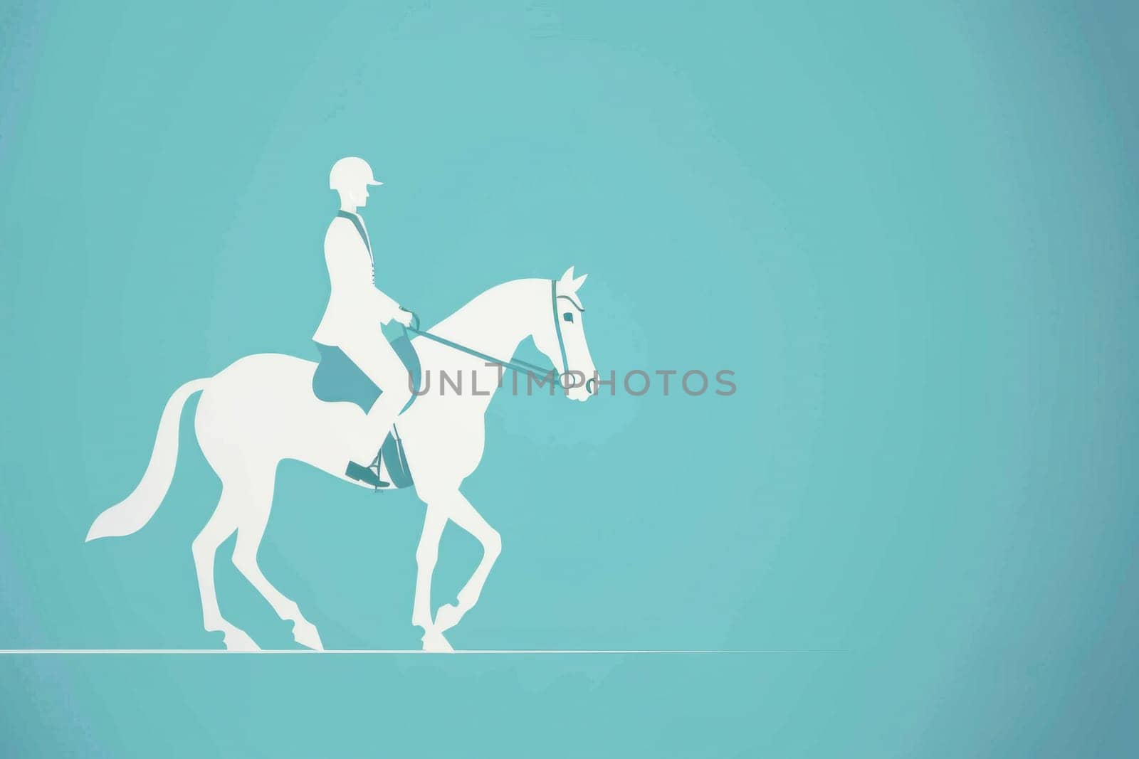 A man rides a white horse with equine gear, including halter, bridle, saddle, and reins on a blue background