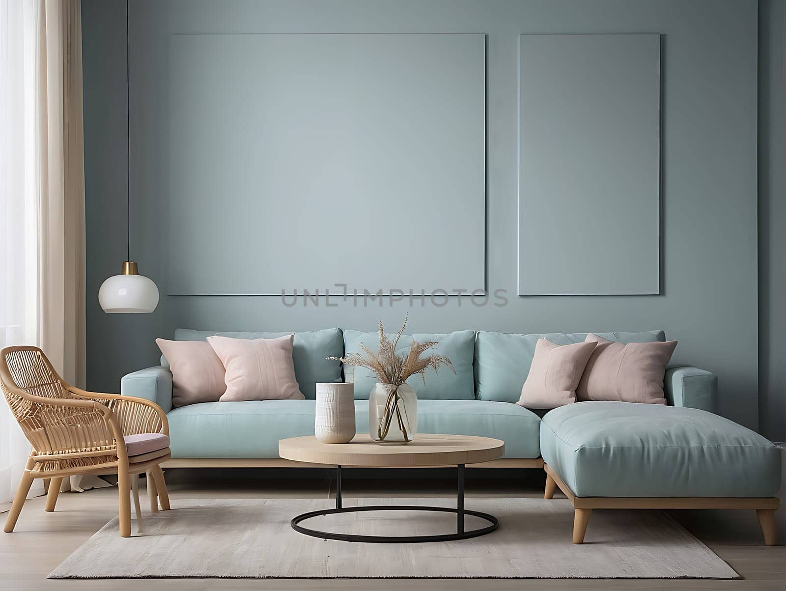 Aesthetic minimalist Scandinavian interior design with empty wall mockup in pastel color theme.