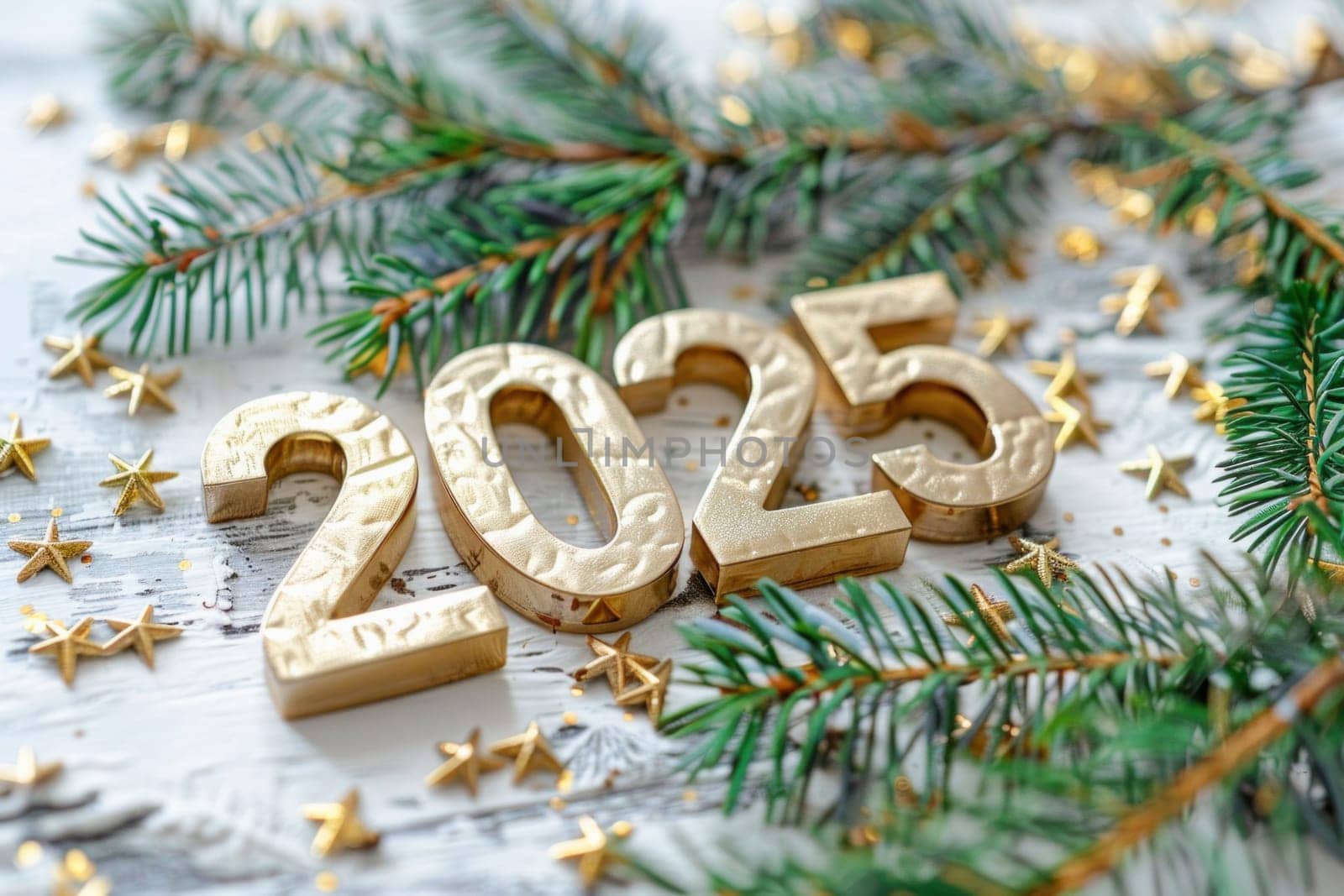 The numbers 2025 are made of gold and are surrounded by Christmas decorations like plants and twigs