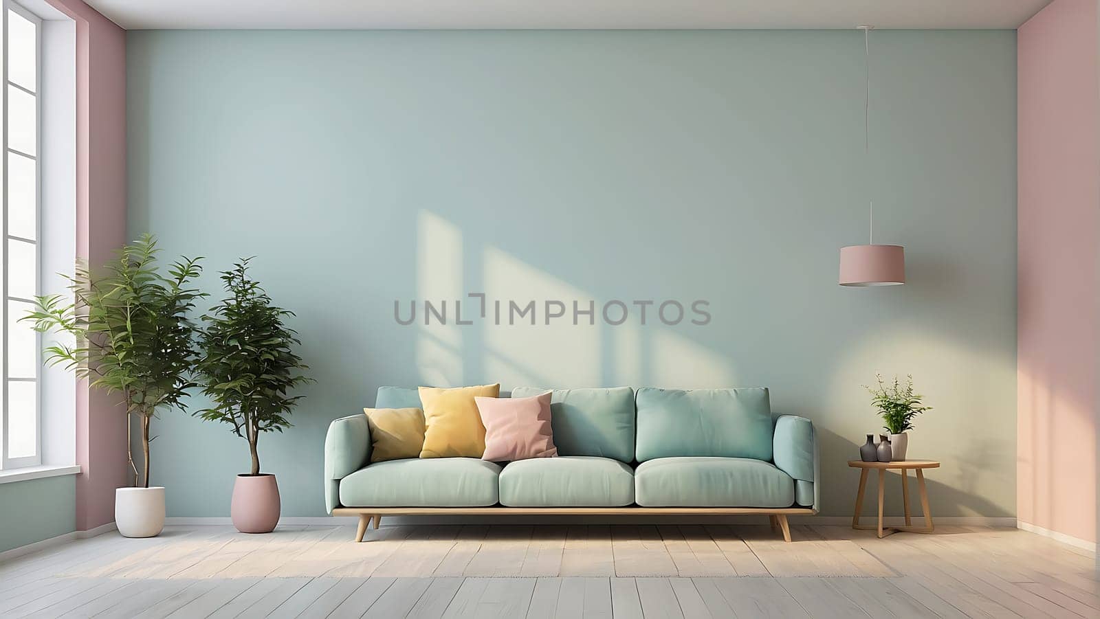 Aesthetic minimalist Scandinavian interior design with empty wall mockup in pastel color theme.