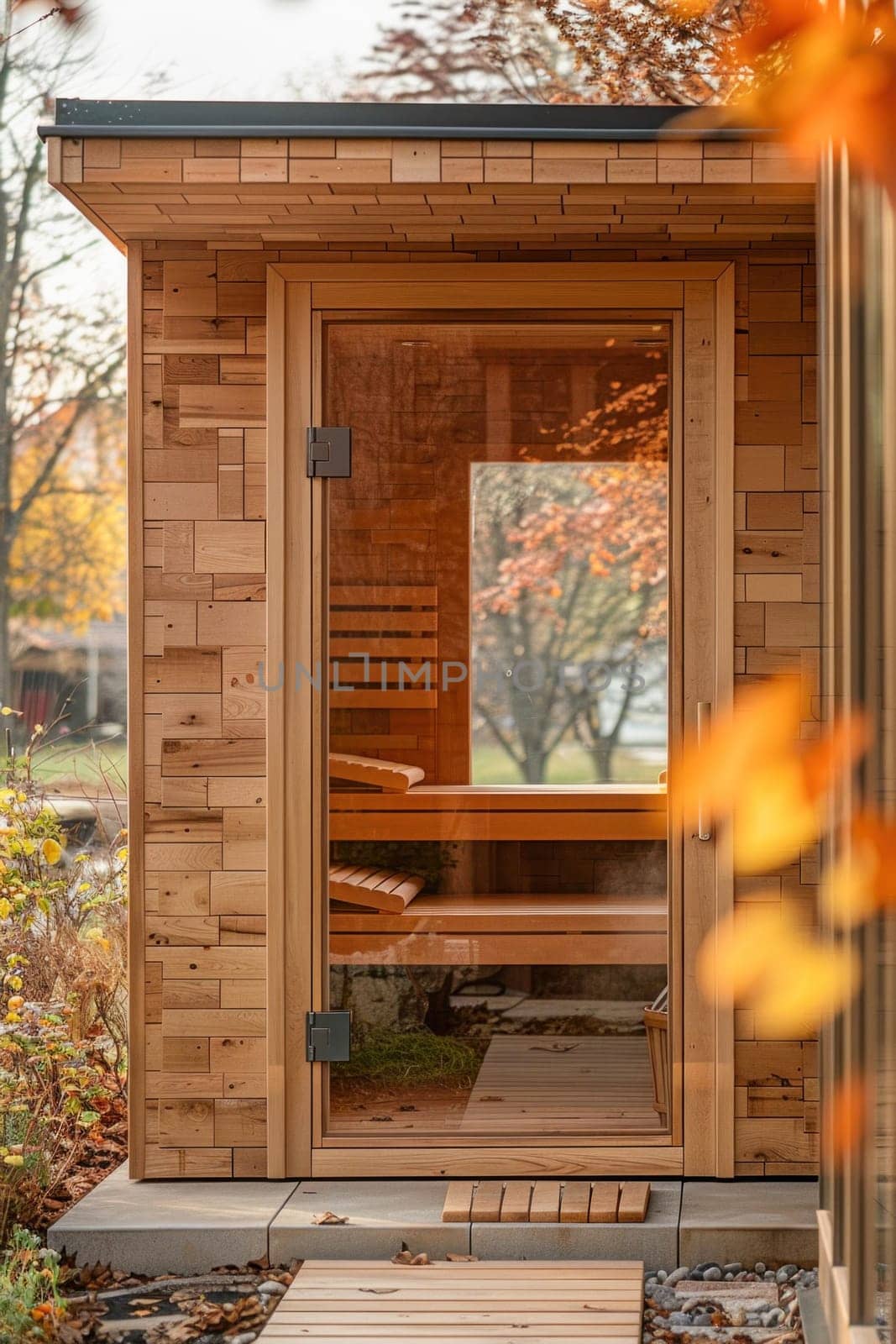 In a beautiful landscape, a wooden sauna with a glass door and window blends seamlessly with the natural surroundings
