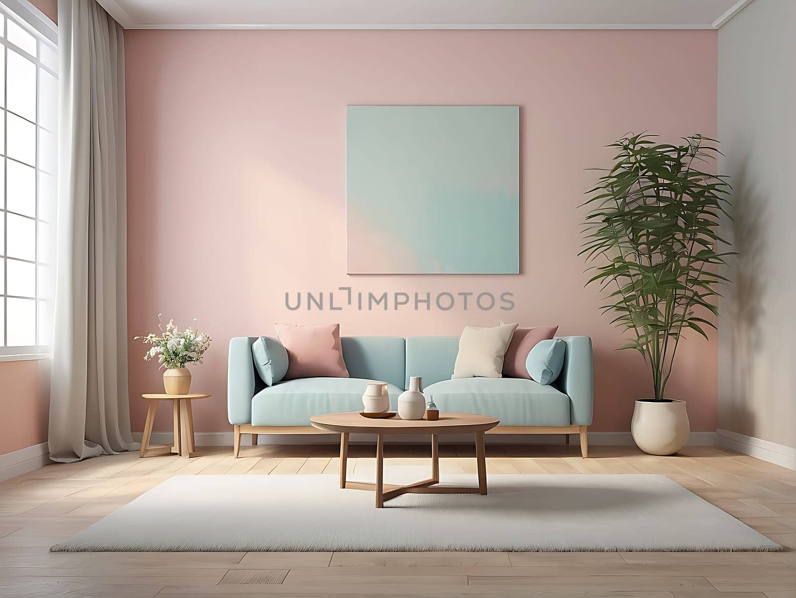 Aesthetic minimalist Scandinavian interior design with empty wall mockup in pastel color theme.