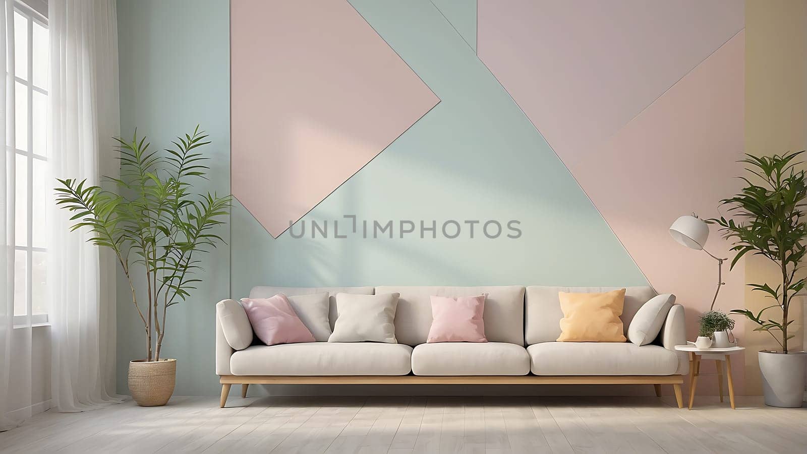 Aesthetic minimalist Scandinavian interior design with empty wall mockup in pastel color theme.