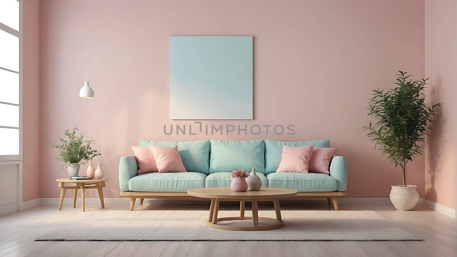 Aesthetic minimalist Scandinavian interior design with empty wall mockup in pastel color theme.