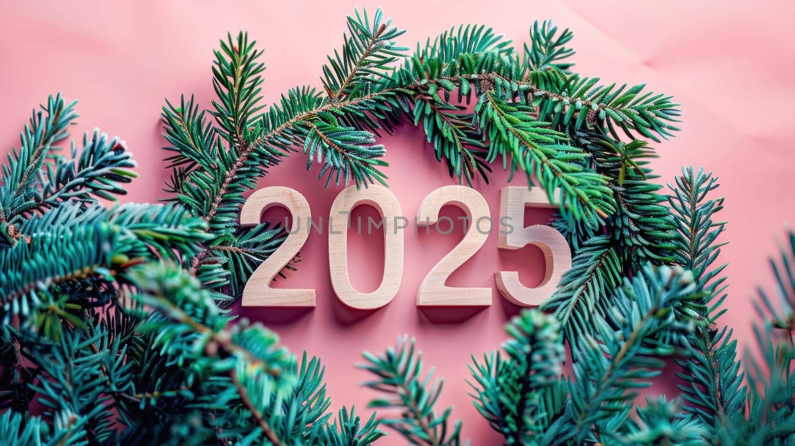 2025 is celebrated with pine branches against a pink backdrop, symbolizing the start of new year festivities