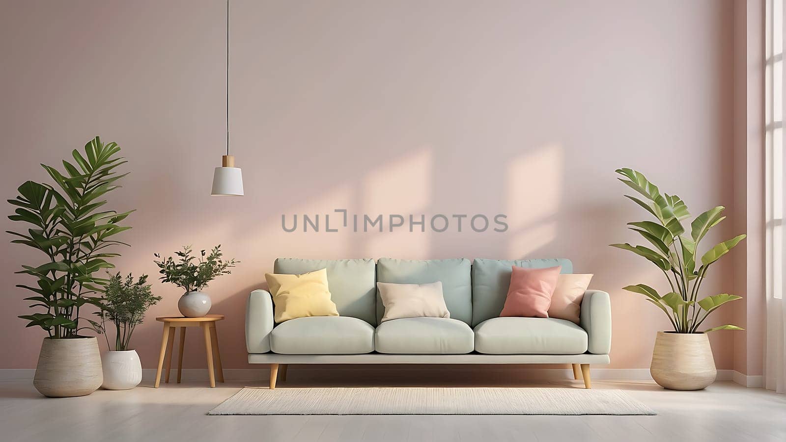 Aesthetic minimalist Scandinavian interior design with empty wall mockup in pastel color theme.