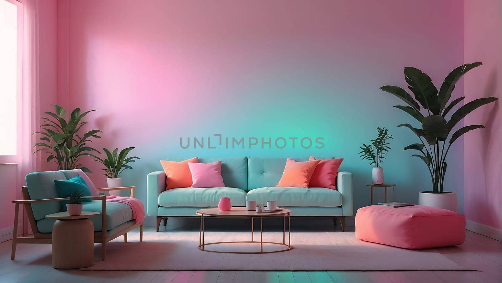 Aesthetic minimalist Cyberpunk interior design with empty wall mockup in vibrant neon color theme. by maenjari