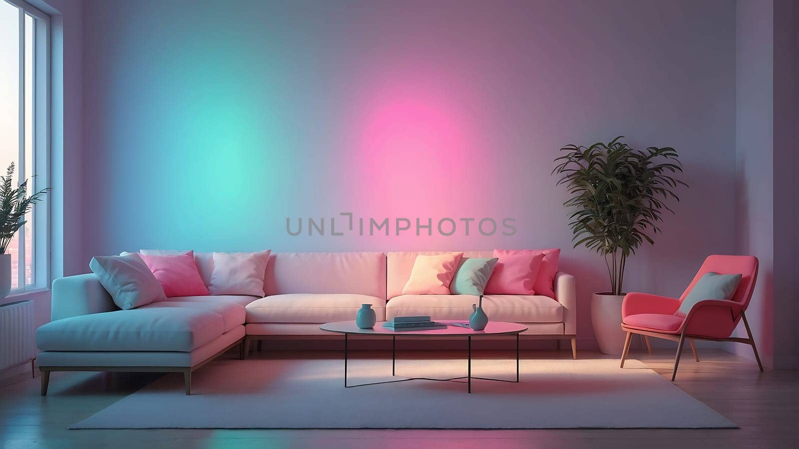 Aesthetic minimalist Cyberpunk interior design with empty wall mockup in vibrant neon color theme. by maenjari