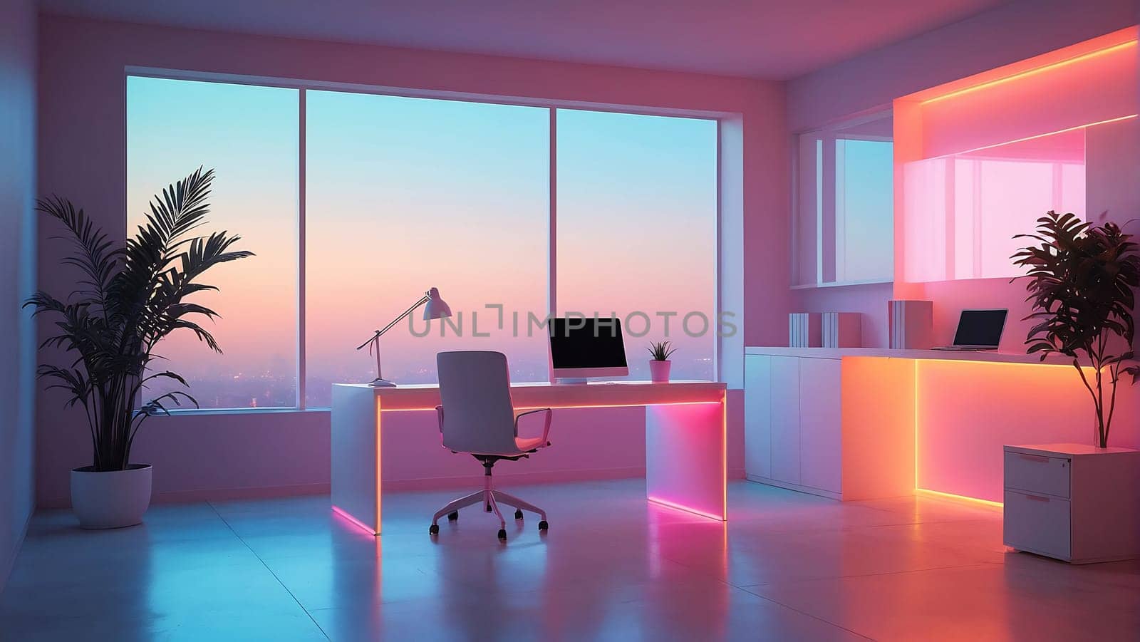 Aesthetic minimalist Cyberpunk interior design with empty wall mockup in vibrant neon color theme.