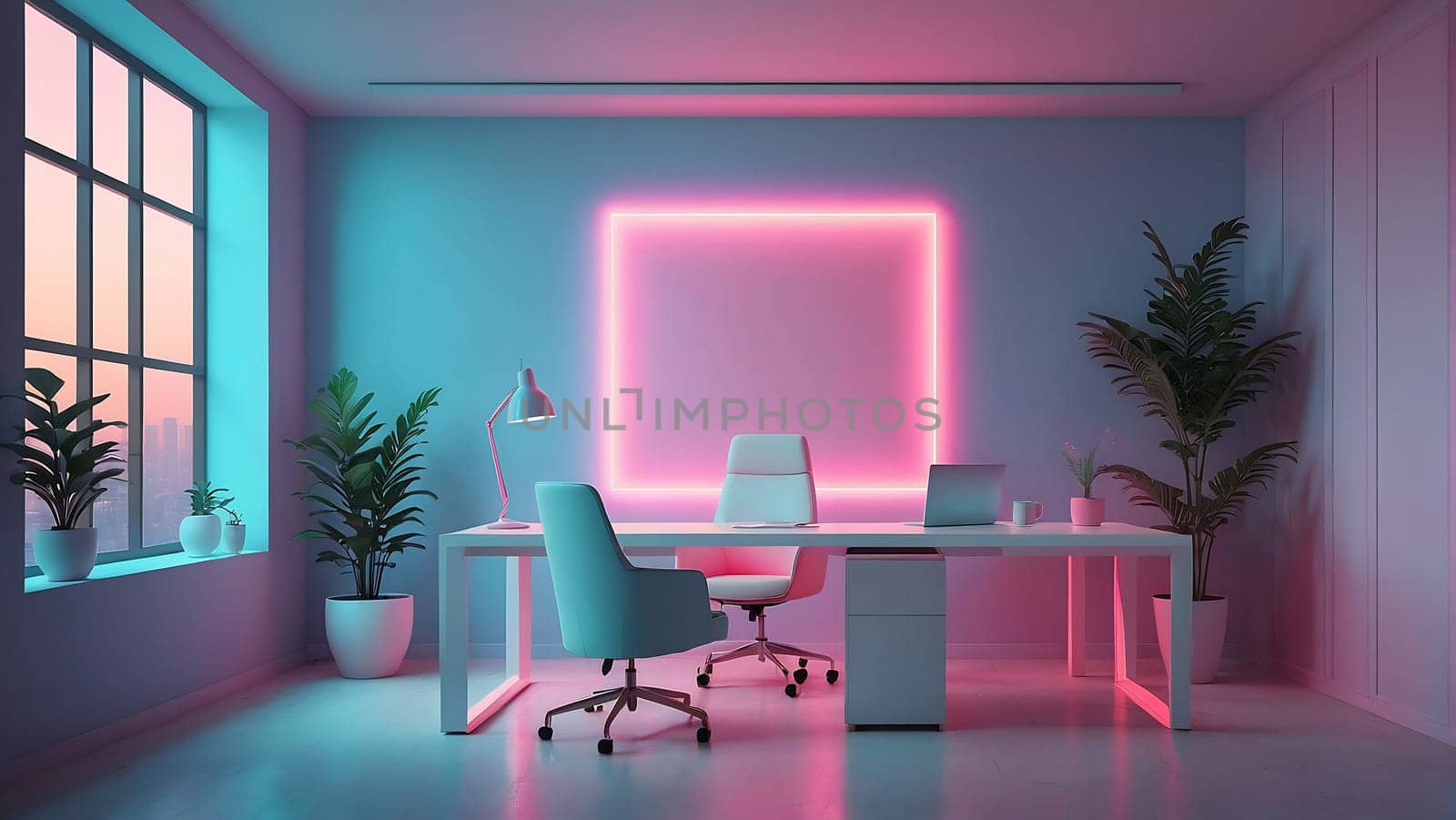 Aesthetic minimalist Cyberpunk interior design with empty wall mockup in vibrant neon color theme.