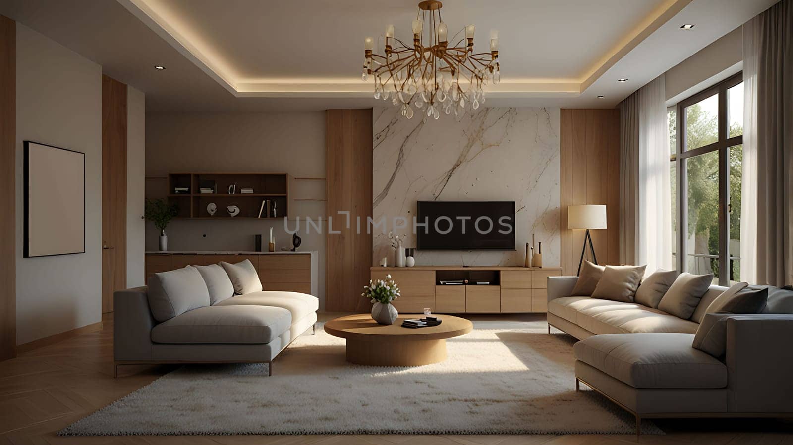 Minimalist Scandinavian interior design with empty wall mockup in beige color theme. Contemporary living room interior concept.