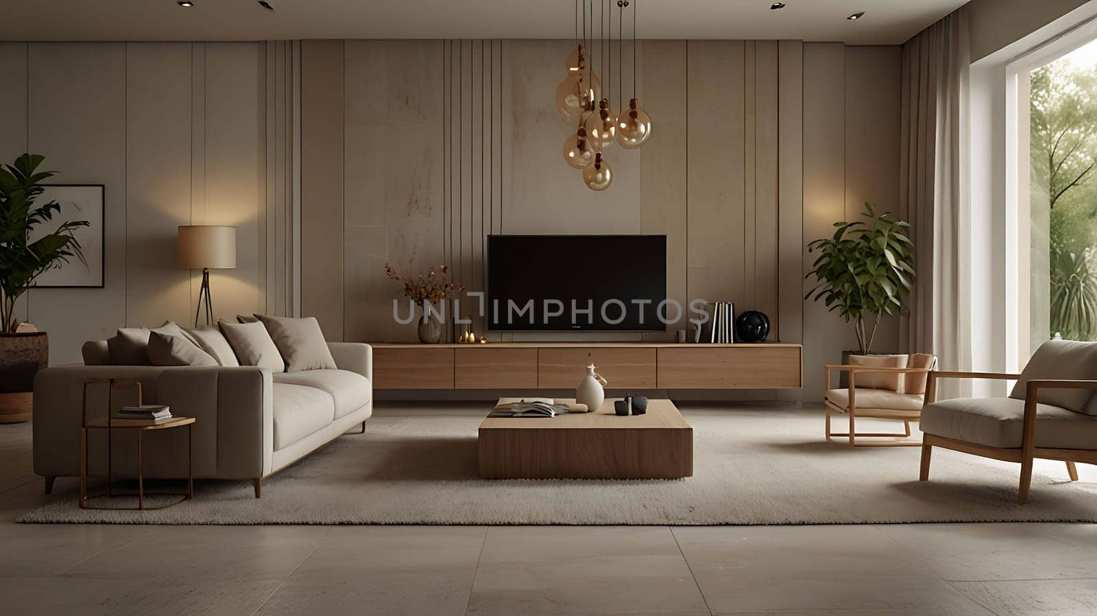 Minimalist Scandinavian interior design with empty wall mockup in beige color theme. Contemporary living room interior concept. by maenjari