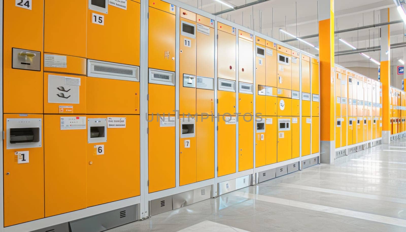 Vibrant orange lockers in a warehouse setting, their color contrasting with the industrial backdrop