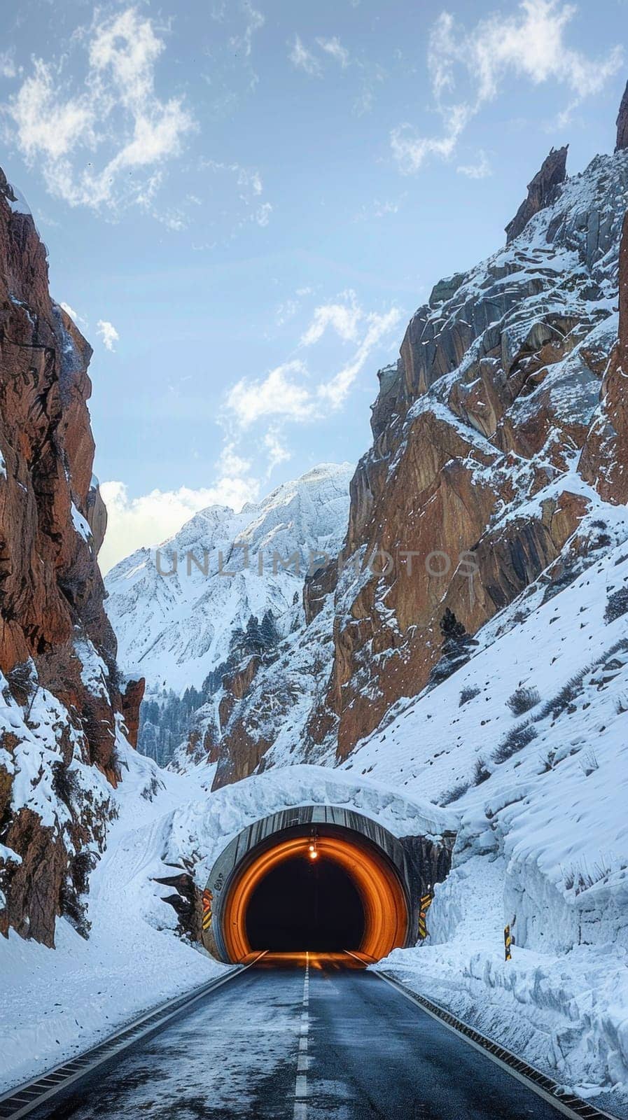 A car drives through a scenic mountain tunnel, amidst stunning natural elements like clouds, snow, and the sky