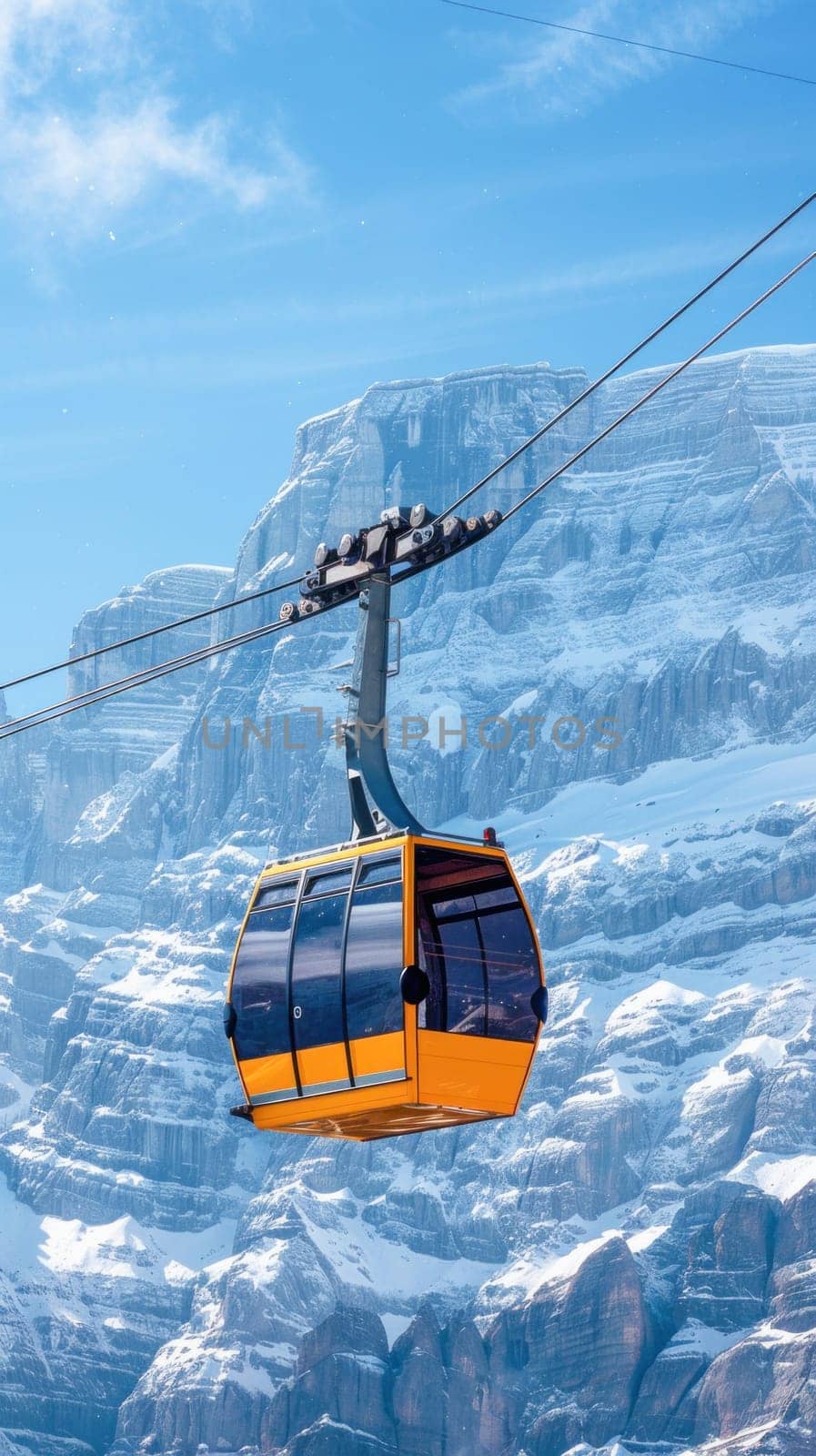 A vibrant yellow cable car smoothly travels through a snowy mountain landscape under a beautiful sky