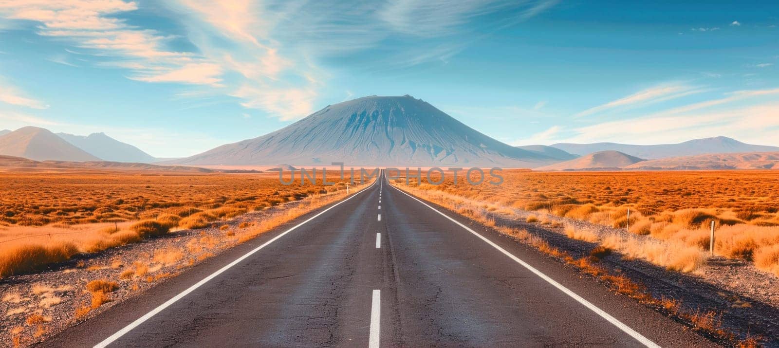 A beautiful road in a desert with a mountain view, ideal for exciting travel and adventures under the open sky