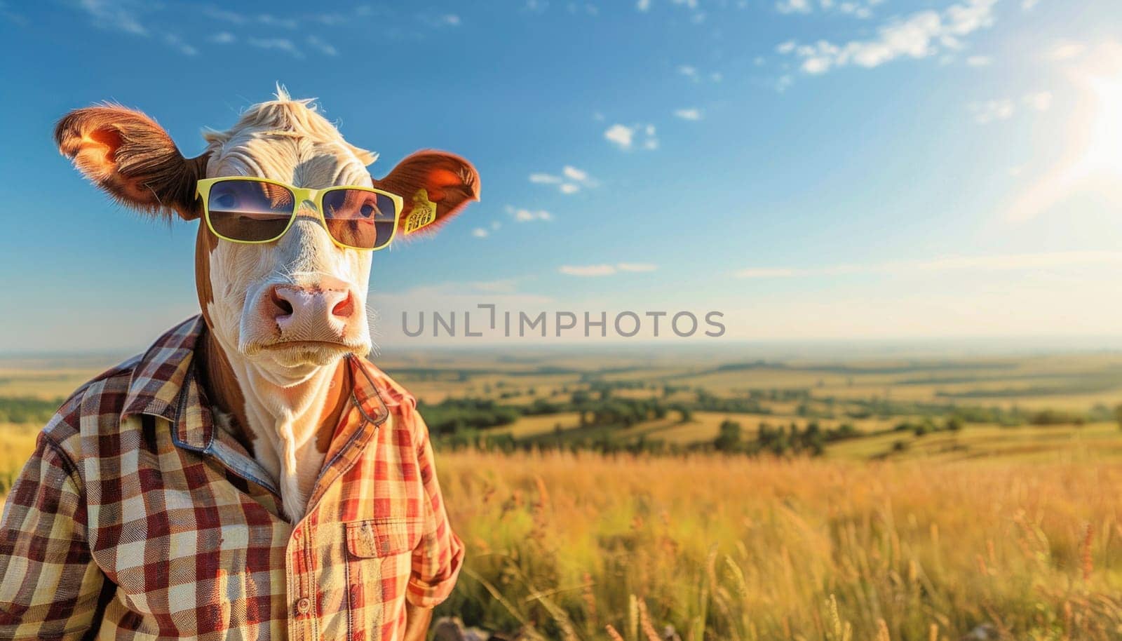 A cow in a plaid shirt and sunglasses stands in the field under the sky, providing a quirky and amusing sight