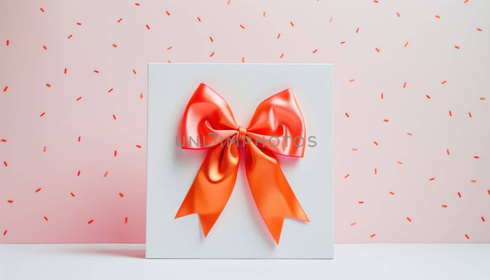 A white gift box with an orange ribbon is elegantly displayed on a pink background, perfect for special occasions