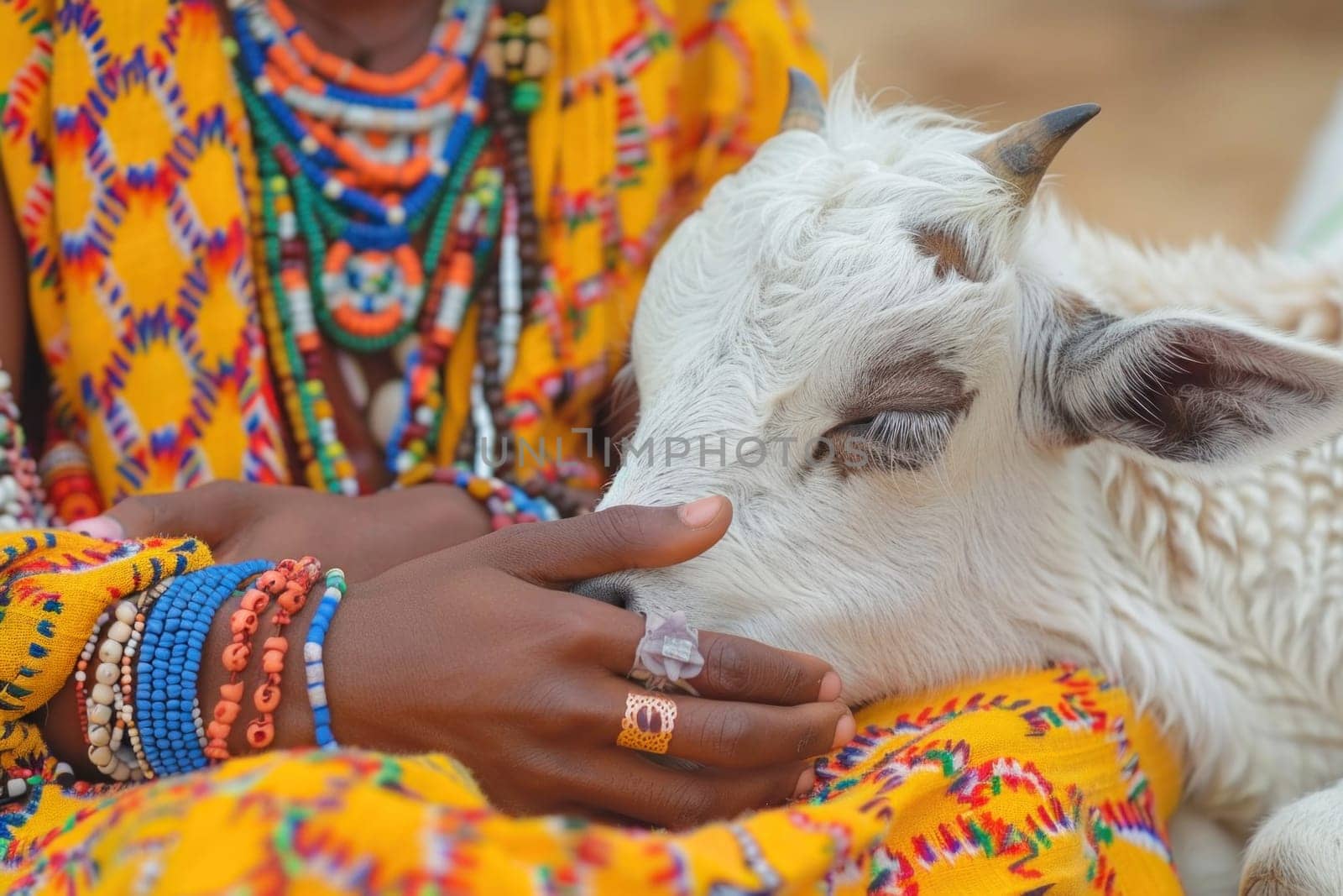 In the picture, a woman in yellow gently pets a white goat, in an artistic scene filled with joy and connection