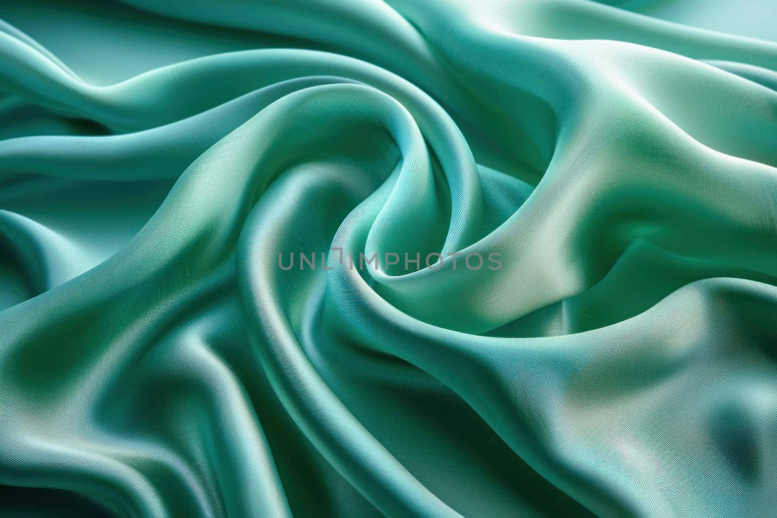 This image provides a detailed look at a glossy green satin textile, displaying its complex texture beautifully