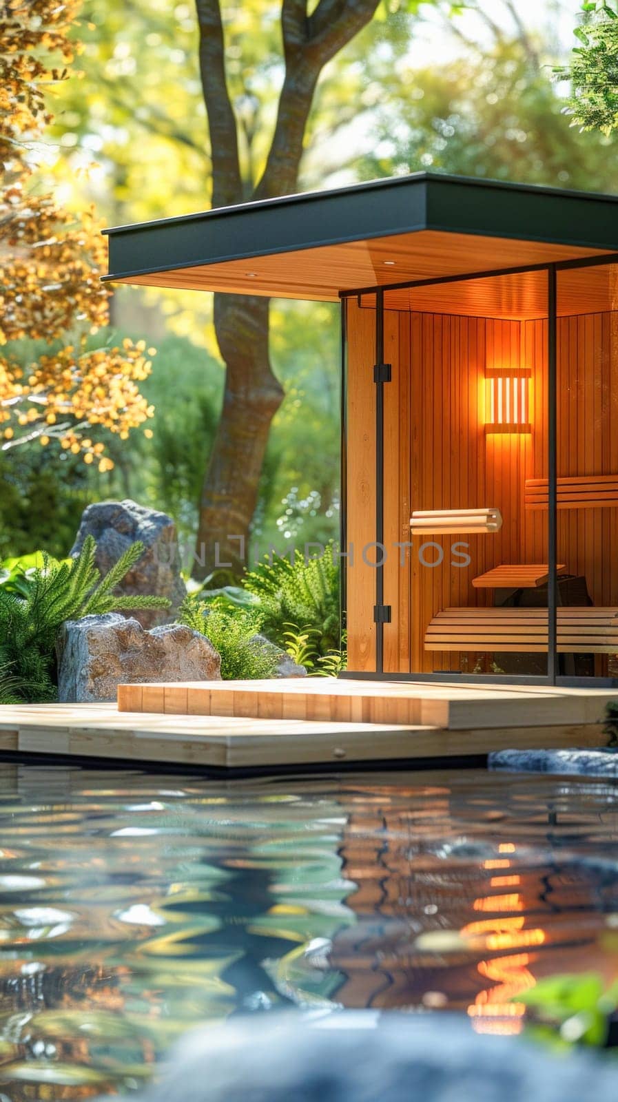 A wooden sauna by a pond, surrounded by trees in a forest, offers a tranquil escape in a natural setting