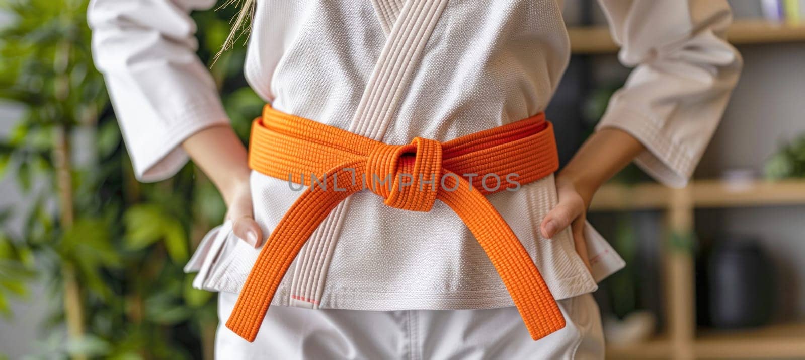 The individual is clad in a white karate outfit with an orange belt, showcasing a unique and stylish look