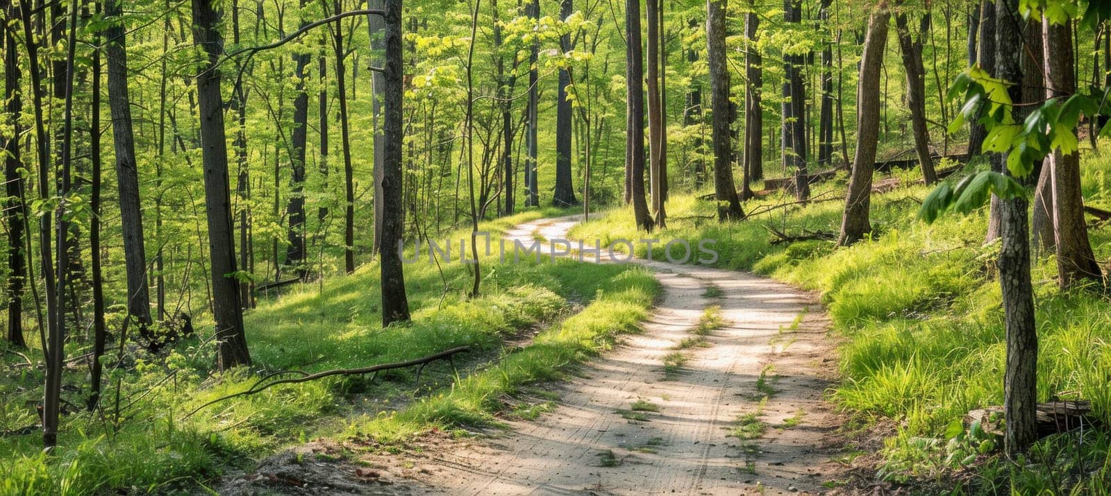 In the midst of a forest lies a dirt road surrounded by trees and lush greenery, creating a natural landscape