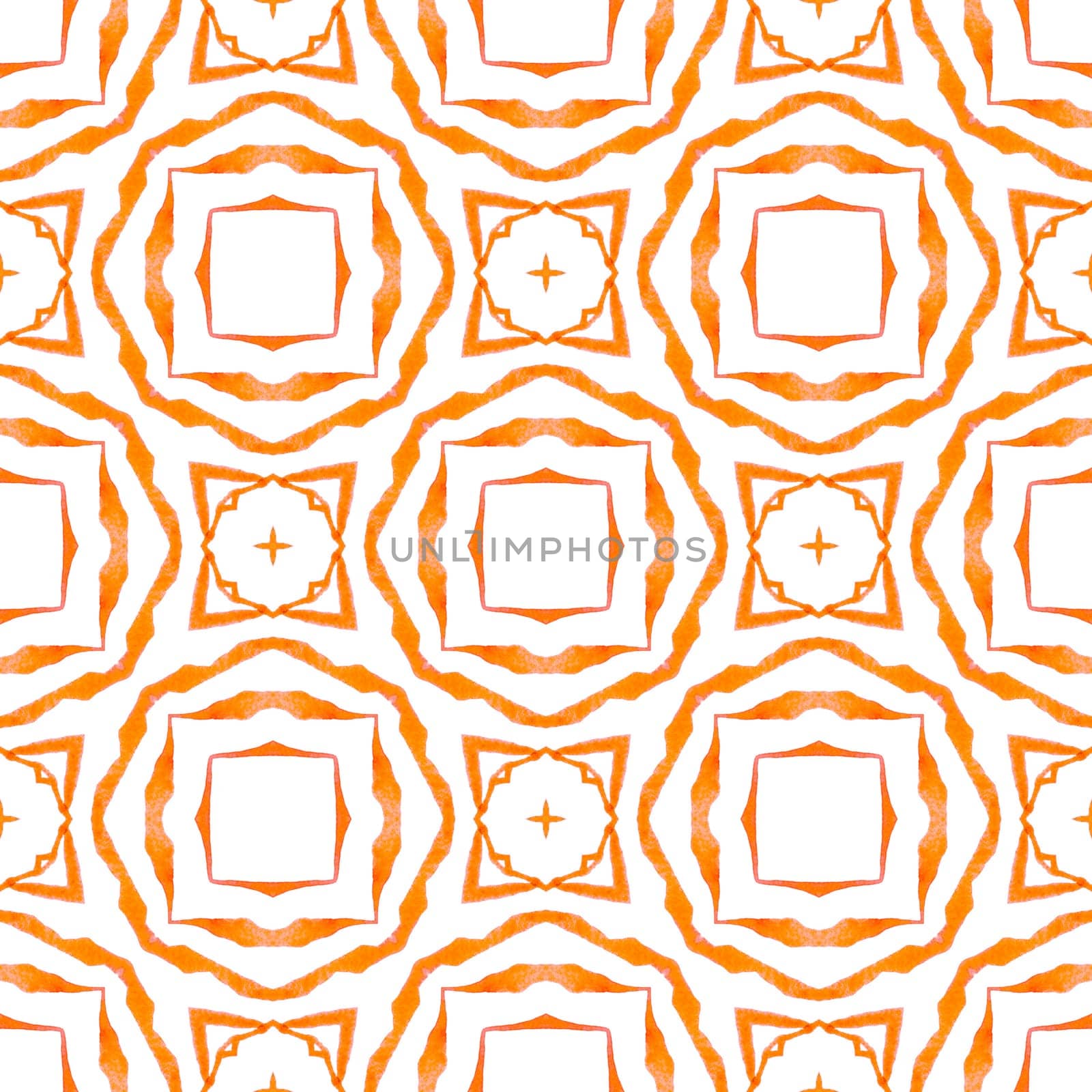 Hand painted tiled watercolor border. Orange resplendent boho chic summer design. Textile ready attractive print, swimwear fabric, wallpaper, wrapping. Tiled watercolor background.