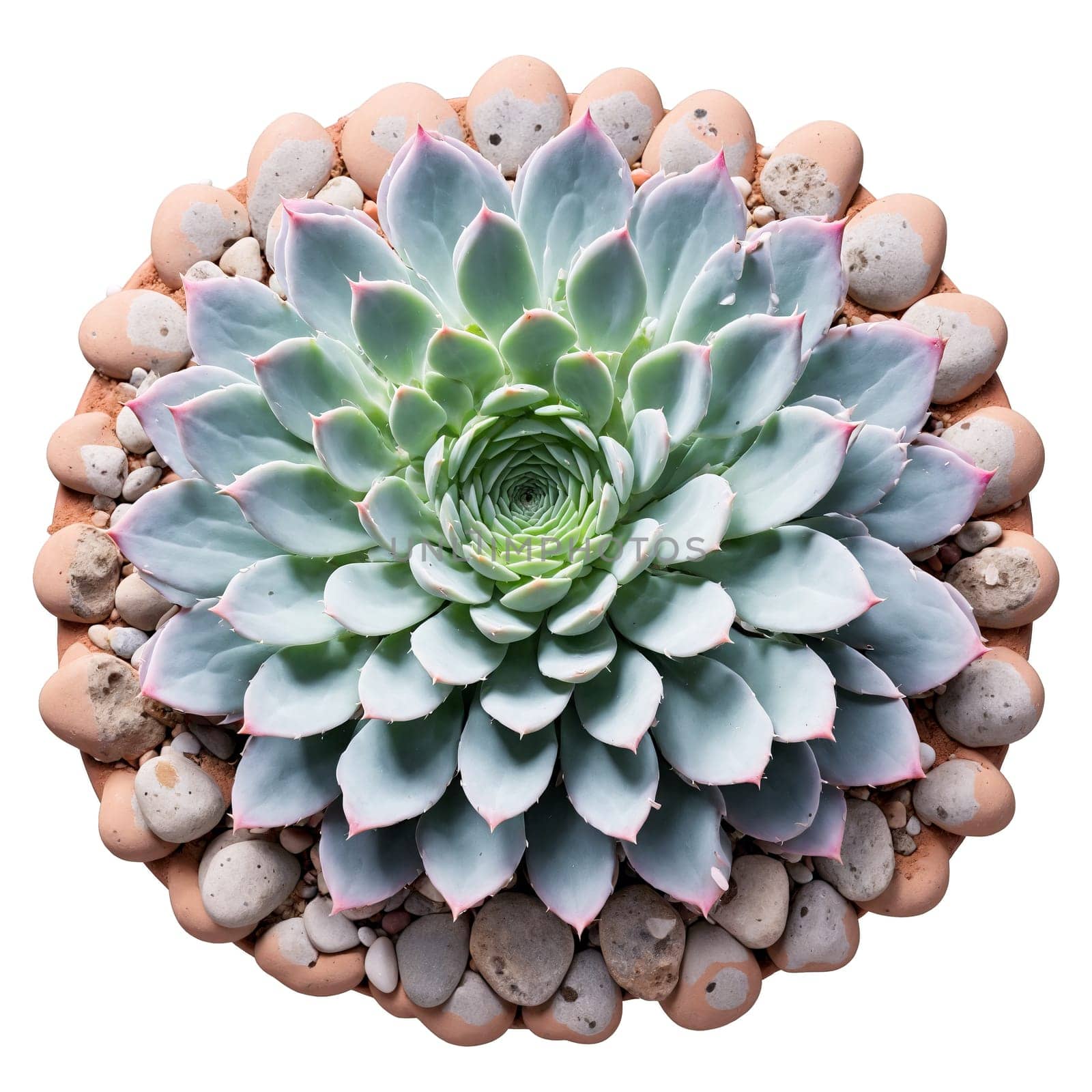Echeveria Elegans rosette of pale green and pink succulent leaves in a terracotta pot with. Plants isolated on transparent background.