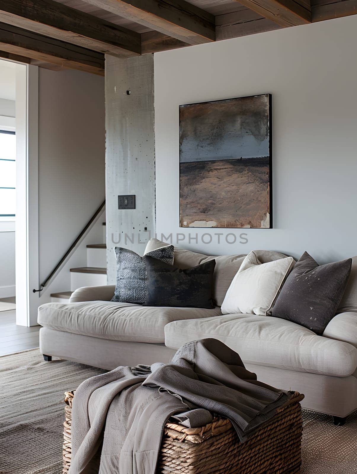 A cozy living room with a grey couch and a wooden basket on the floor, complemented by a large window and stylish interior design fixtures