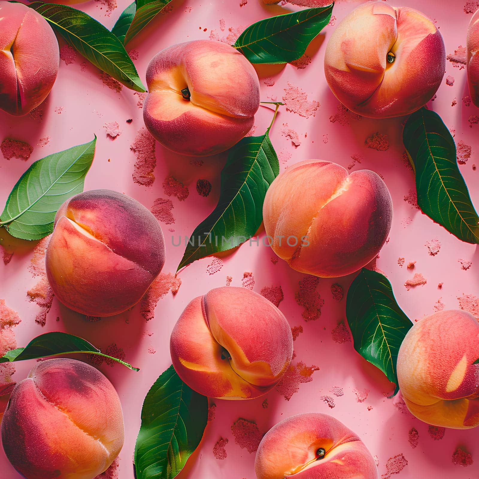 A bunch of peaches with green leaves on a pink surface, perfect for a delicious recipe. These natural foods are a great source of vitamins and minerals, ideal as an ingredient for fresh produce